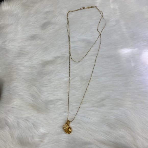 18KGP 2-Strand Necklace Gold Tone Rhinestone Heart Pendant 16" - Picture 2 of 8